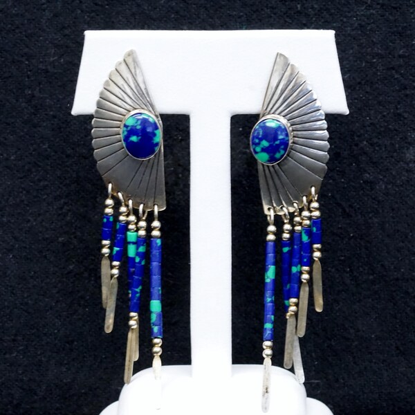 Vintage TK Emerson Azurite Heishi w Malachite Fan Earrings in Sterling Silver E0979