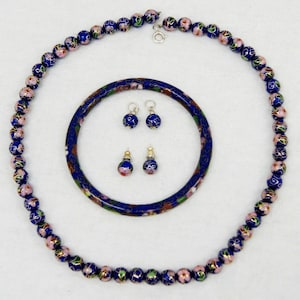 Vintage 4 Piece Cloisonné Blue Enamel Parure Jewelry Set Necklace Earrings Bangle B1795