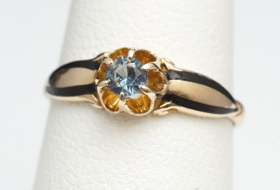 Antique 10K Yellow Gold Ring Black Enamel & Blue … - image 1