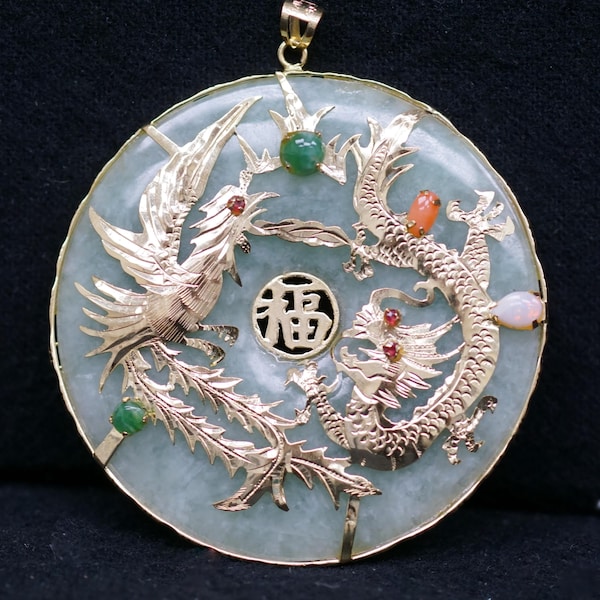 HUGE Vintage 14K Jadeite Blessing Pendant Chinese Dragon And Phoenix Mixed Gemstones E0950