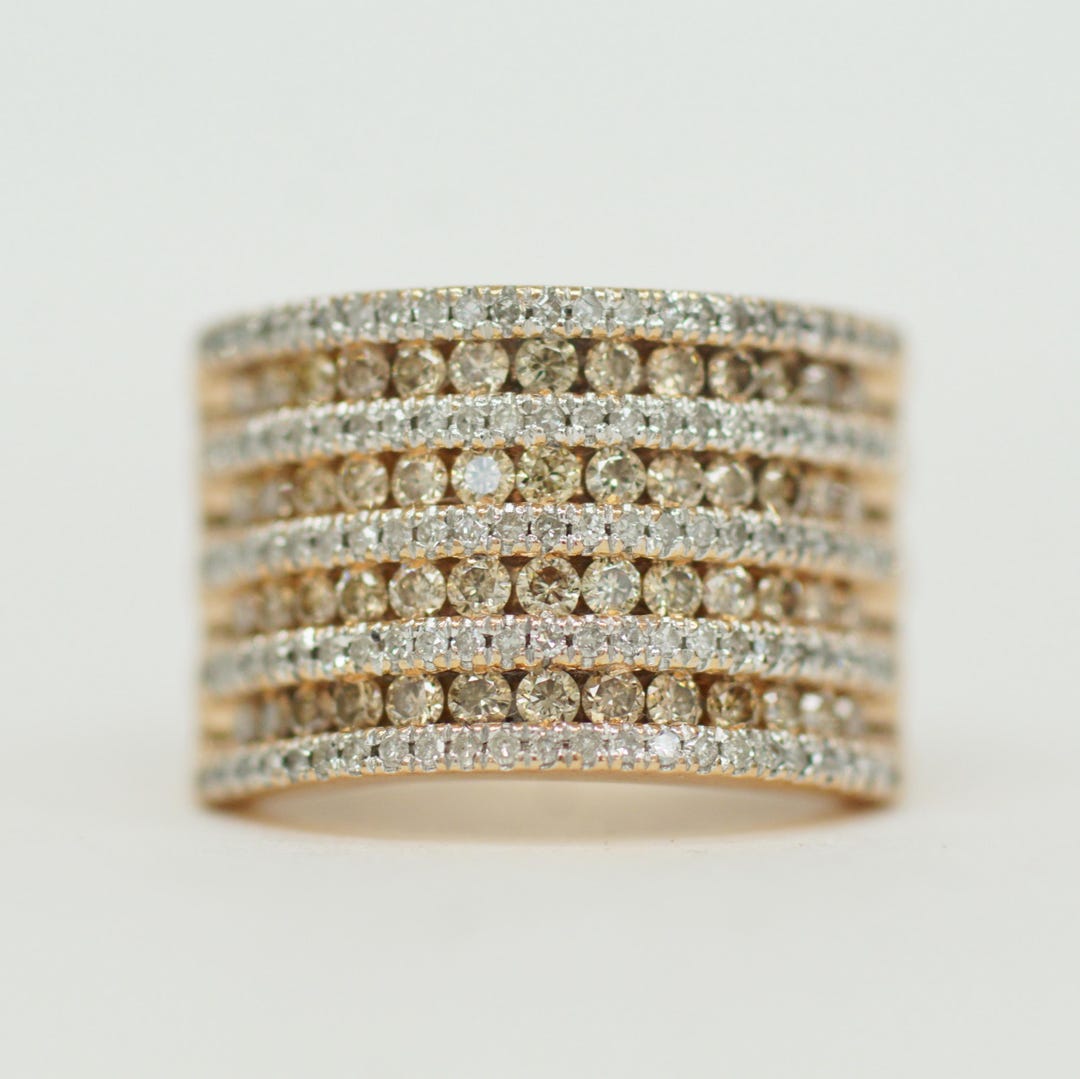 Super Bling 9 Row Diamond Ring Champagne & White Diamond Statement Band ...
