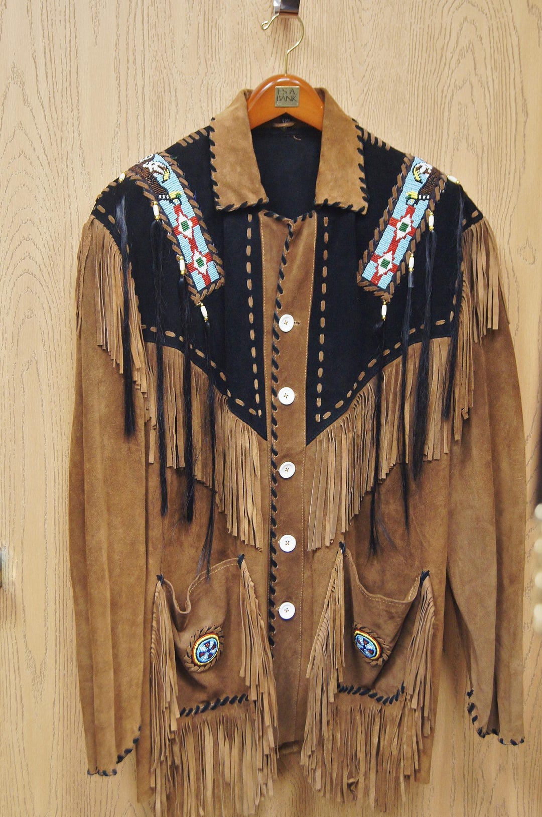 Men's 4XL Native American Suede Beaded Fringe Jacket W/ Horsehair From