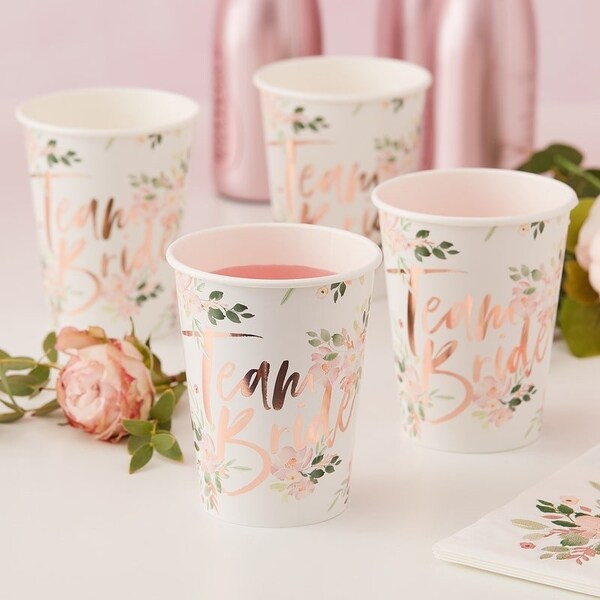 8 Rose Gold & Floral Team Bride Cups / Bridal Shower Party Cups / Bachelorette Tableware / Rose Gold Hen Party Decorations