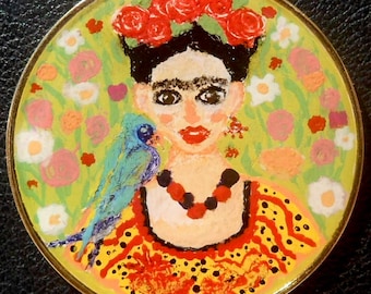 Vintage French Tribute To Frida Kahlo  ' Pendant, the 80S, Enameled, 18k Gold