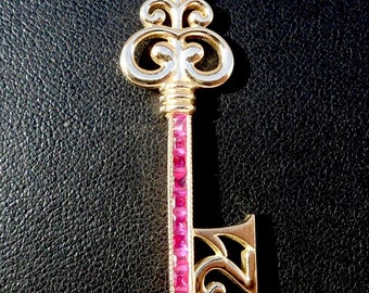 Vintage French ' Key 21 ' Charm / Love pendant, Rubies, 18k Gold