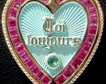 Vintage French &#39; Toi & Moi Toujours &#39; Charm / Love pendant, The 70S, 18k Gold
