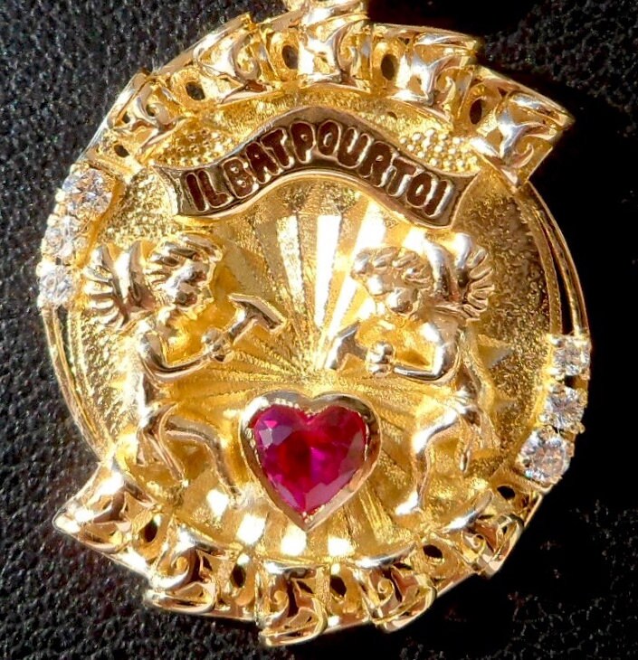 Bague Vintage Or Rose 18k - Angelots Et Rubis Cœur - Taille 55 - Occasion