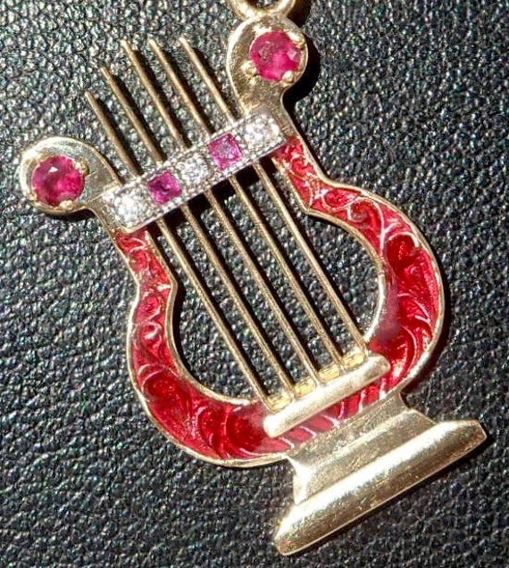 Vintage French ' Lyre Harpe ' Charm Pendant, Diamo