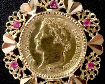 Vintage ' Napoleon Empereur ' Charm Coin / Pendant, 1813 , Rubis, 18k Gold +20 Francs Gold