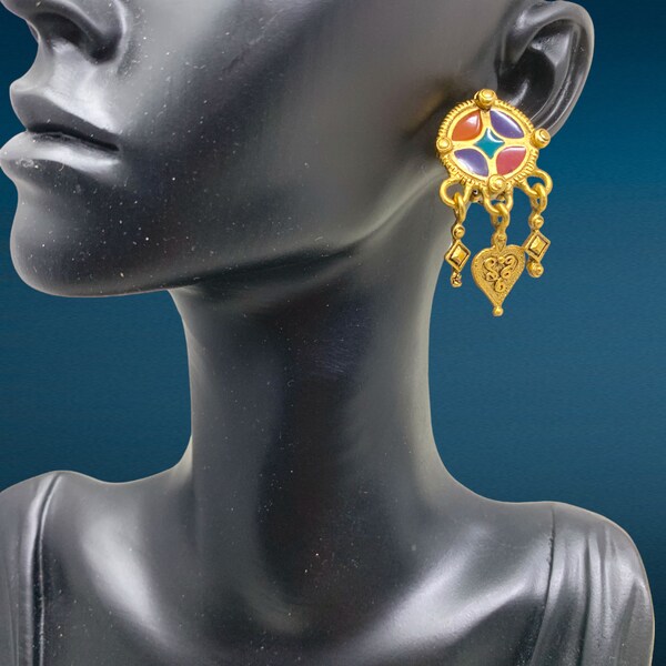 Vintage 1980's C. Stein Dangle Matte Gold & Enamel Byzantine Earrings Clip On