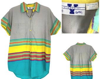 Vtg 1980's Viewpoints x Gottex Sz M Striped Short Sleeve Camp Shirt Beach Cover