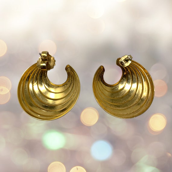 Vintage 1980's Textured Swirl Gold Tone Earrings … - image 2