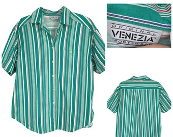 Vtg 1980's Venezia Sz 14/16 Multicolor Striped Short Sleeve Camp Shirt Hong Kong