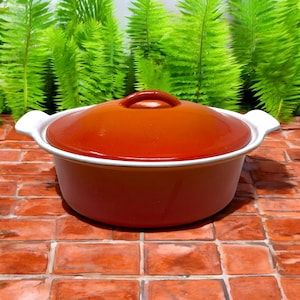 Vintage MCM Descoware Cast Iron Enamel Dutch Oven Belgium Flame Orange Oval 8&quot;