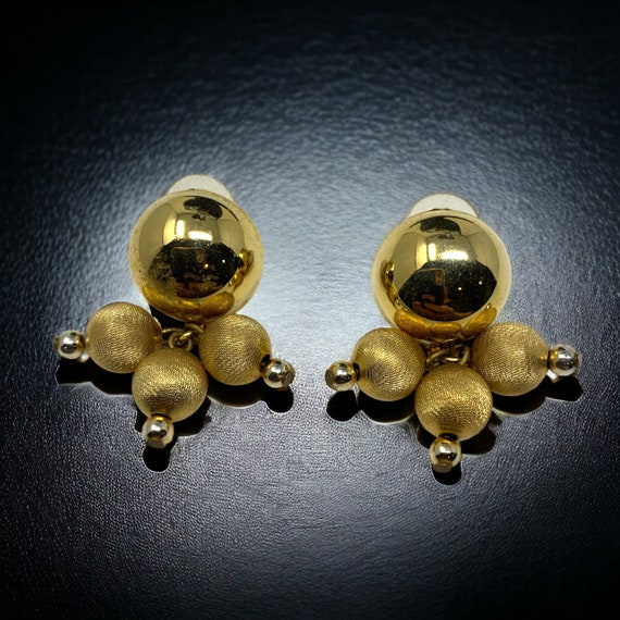 Vintage 1980's Gold Tone Triple Bead Earrings Pie… - image 1