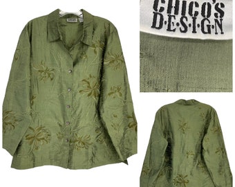 Vintage Chico's Design Sz 1 M Green Floral Embroidered 100% Silk Blouse Top