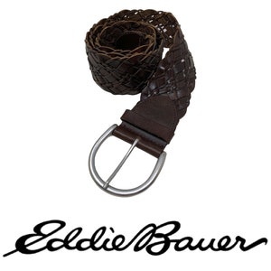 Vintage Eddie Bauer Wide Waist Belt Sz S/M Brown Leather Basketweave Woven