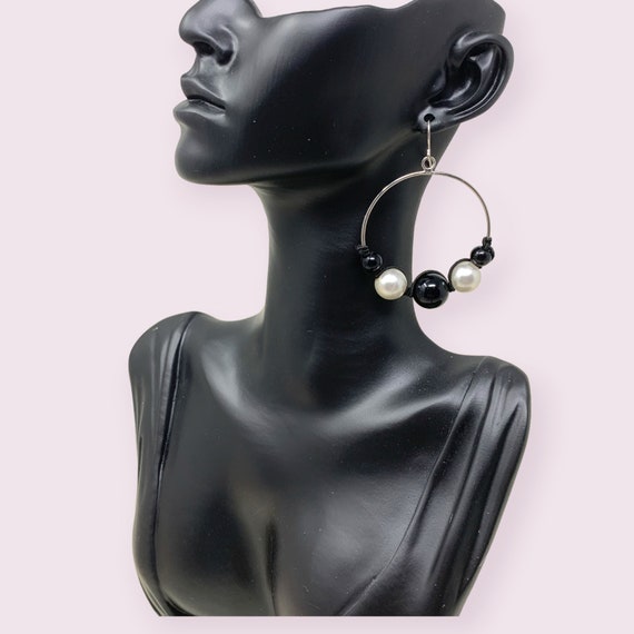 Vintage NEW 1990s Y2K Earrings Silver Hoops Black… - image 1