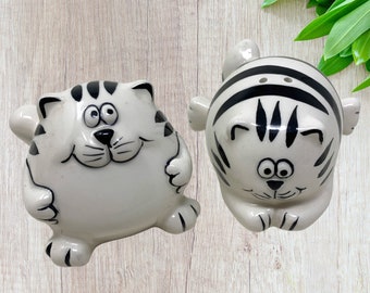 Vintage Pier One Fat Cat Salt and Pepper Shakers Black and White Striped Tabby