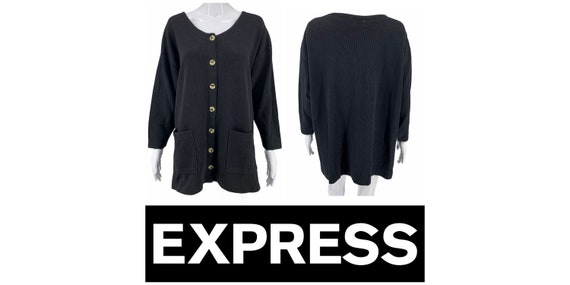 Vtg 90's Express Sz M Black Ribbed Knit Button Up