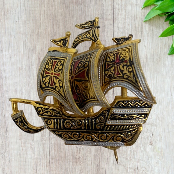 Vintage Damascene Spanish Galleon Sailing Ship Nau