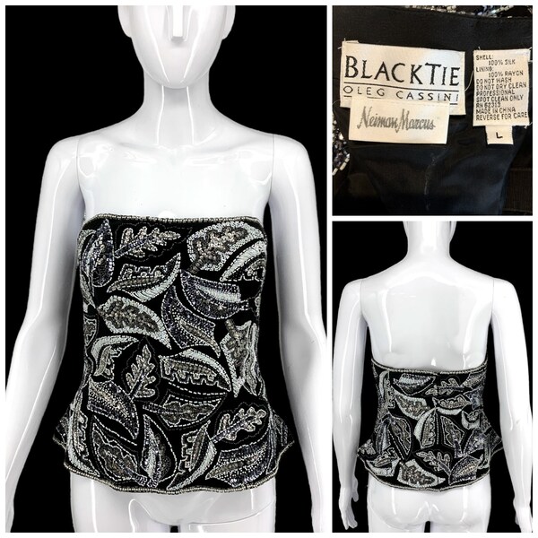 Vintage Black Tie x Oleg Cassini Sz L Black & White Beaded Bustier Neiman Marcus