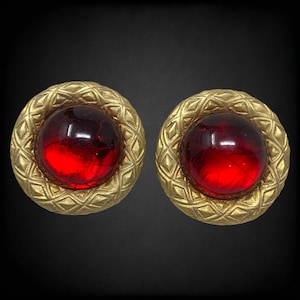 Vintage 1980s Red Jelly Cabochon Earrings Pierced Gold Tone Button Mogul Couture