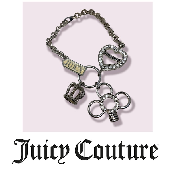 Vintage Juicy Couture Y2K Heart Bling Crown Logo Charm Bracelet Silver Tone