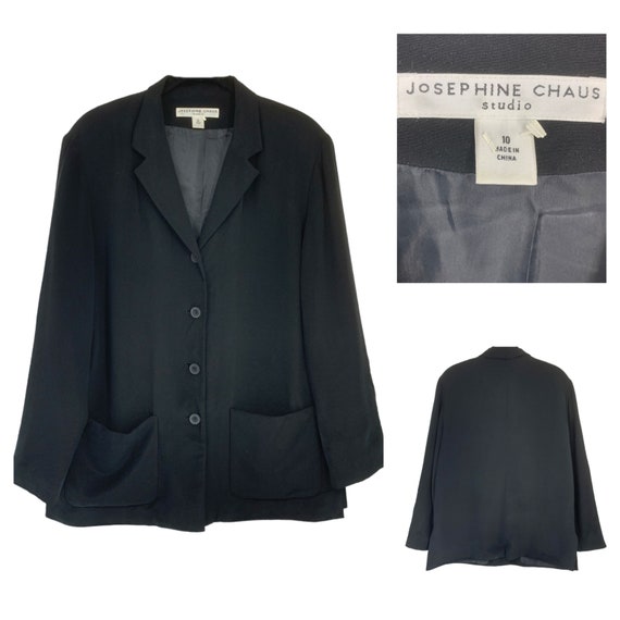 Vintage Josephine Chaus Studio 100% Silk Jacket Sz 10 Black Blazer Pockets  
