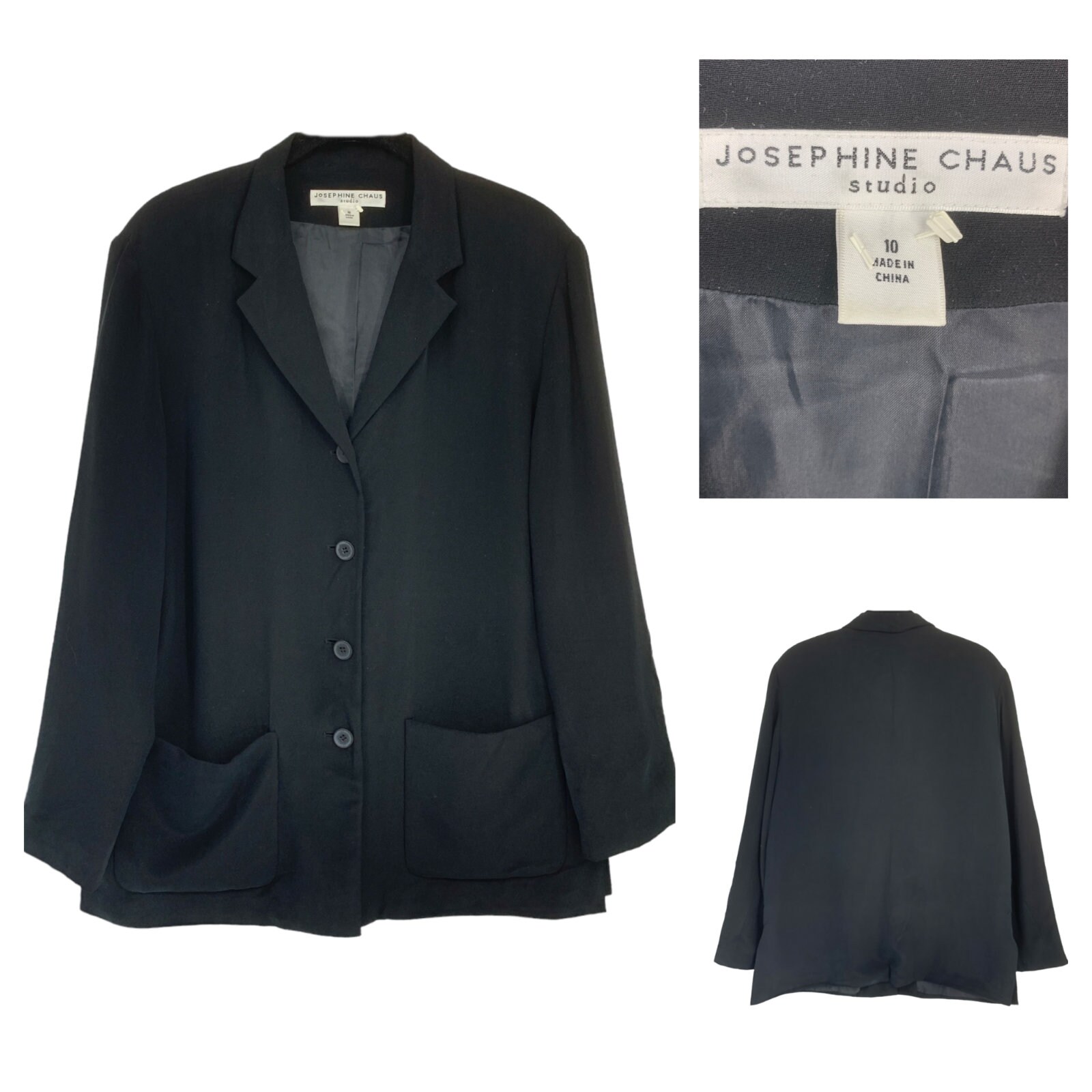 Wellystore Vintage Josephine Chaus Studio 100 Silk Jacket Sz 10 Black Blazer Pockets