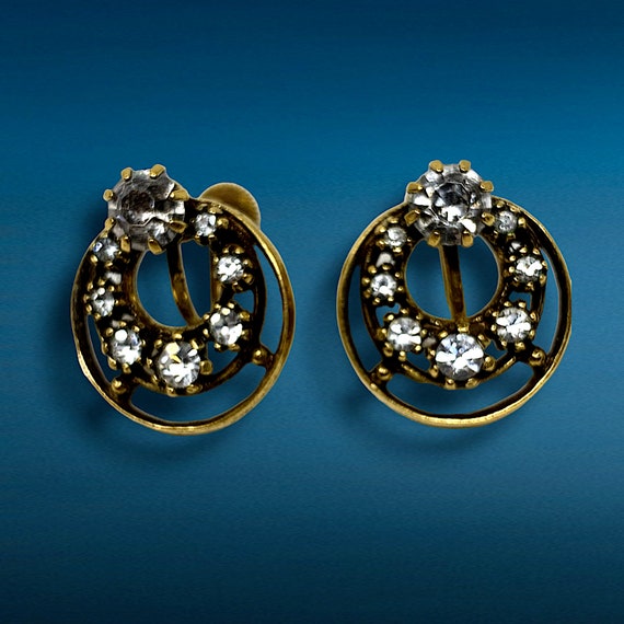 Vintage 1960's Double Circle Rhinestones Earrings… - image 1