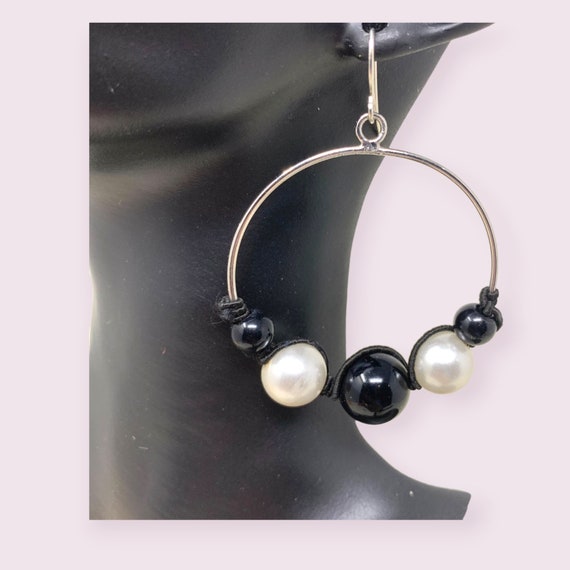 Vintage NEW 1990s Y2K Earrings Silver Hoops Black… - image 2