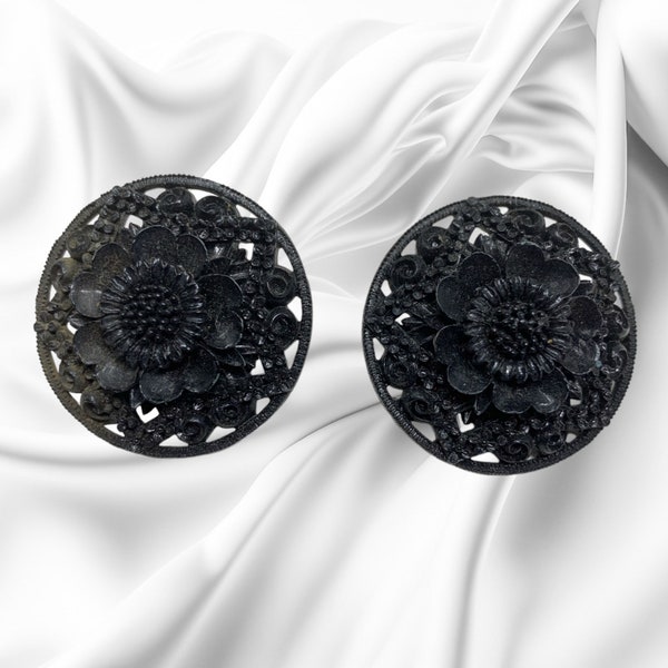 Vintage 1960s Oversized Black Floral Filigree Acrylic Clip On Earrings Couture