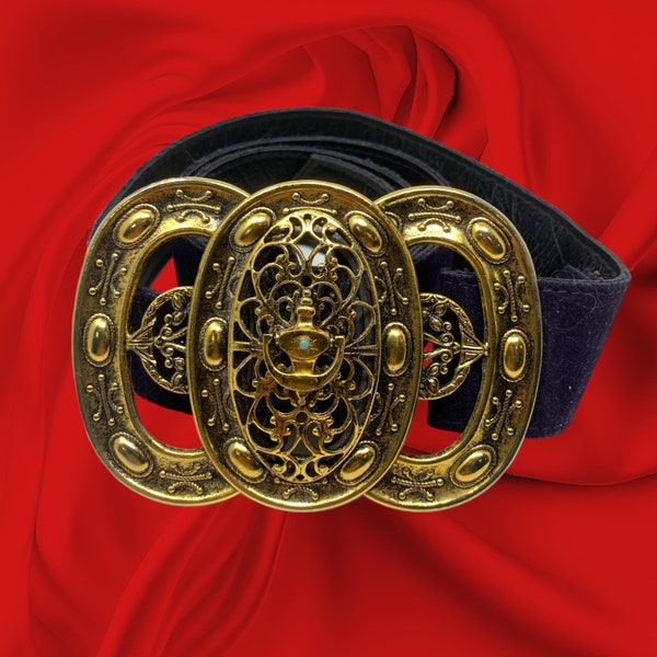 Vtg 1970's Ornate Pressed Triple Circle Belt Buckle Doorknocker Navy Suede Belt