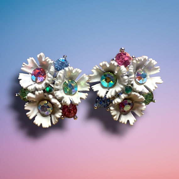 Vtg 1960's LISNER Floral Enamel & Crystal Earrings