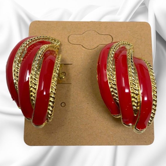 Vintage 1980's Modernist Red Enamel Gold Rope Cli… - image 4