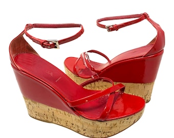 Vintage 1990's PRADA Sz 39.5 Red Patent Leather & Cork Platform Wedge Sandals