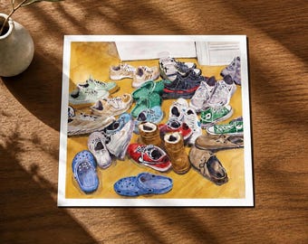 May include: A watercolor illustration of a collection of various footwear scattered on a yellow floor. The assortment includes blue clogs, white sneakers, red athletic shoes, brown boots, green canvas shoes, and grey slip-on loafers.