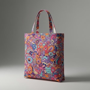 Puede incluir: Un bolso tote colorido con un patrón psicodélico. El bolso presenta un diseño repetitivo de formas abstractas en tonos de rosa, naranja, morado, azul y amarillo. Las asas y el cuerpo del bolso son del mismo material.