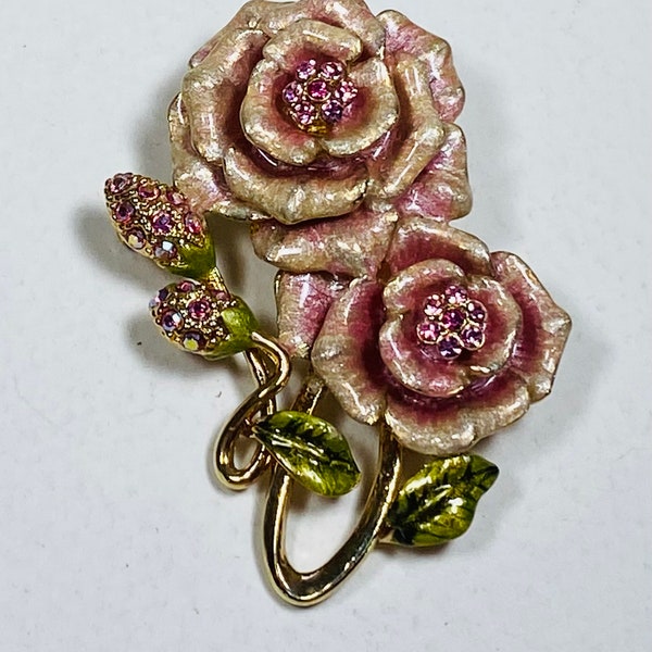 Vintage Pink Two Rose Brooch Pearlized  Aurora Borealis Rhinestones Shawl Scarf Pin Costume Jewelry Mint Condition