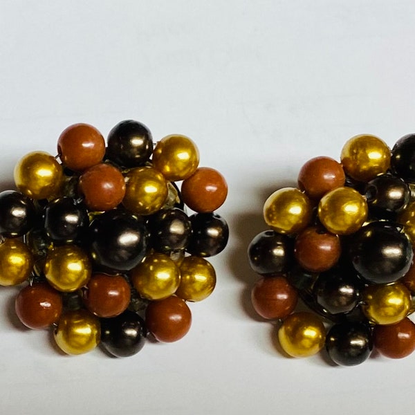 Vintage Japanese Faux Pearl Cluster Earrings Fall Colors Clip On Costume Jewelry 1950S