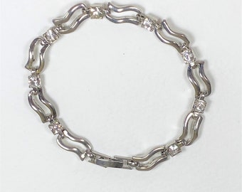 Vintage Silver Tone Clear Rhinestone Link Bracelet  Wedding Bridal Costume Jewelry