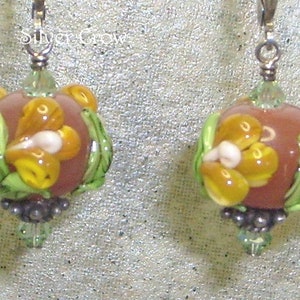 Lampwork Earrings Amber Floral Handmade Drop Dangles Sterling Silver Jewelry Fine Jewelry