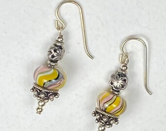 Lampwork Earrings Yellow Pink White Swirl American Lamp Work Sterling Silver OOAK Fine Jewelry