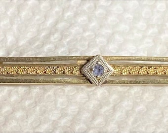 Vintage 14kt Gold Filigree Blue Sapphire Bar Pin Victorian Fine Jewelry