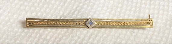 Antique 14kt Gold Filigree Blue Sapphire Bar Pin … - image 1
