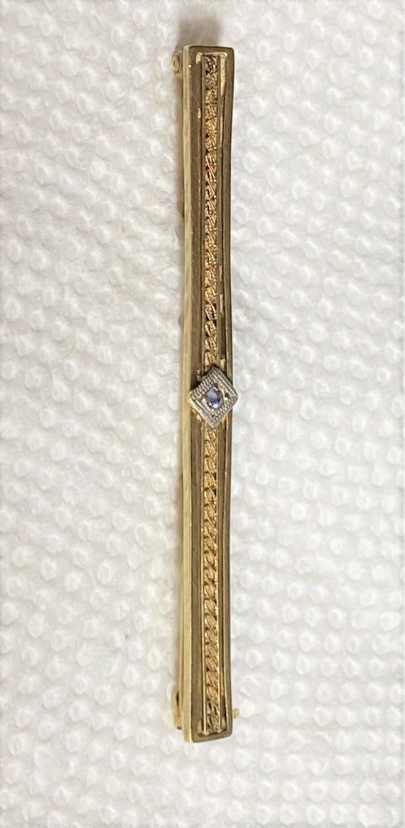 Antique 14kt Gold Filigree Blue Sapphire Bar Pin … - image 2