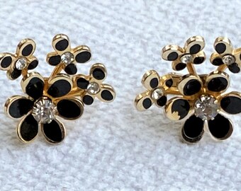 Vintage Gold Tone Black Enamel Clear Rhinestone Floral Earrings Costume Jewelry Clip On