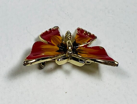 Butterfly Red Orange Enamel Gold Tone Brooch Scat… - image 3