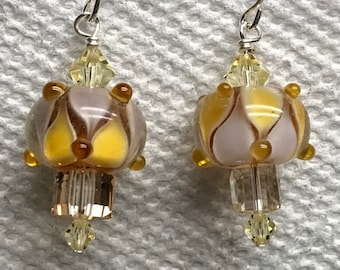 Lampwork Earrings Champagne Yellow Crystal Handmade Drop Earrings Sterling Silver Fine Jewelry